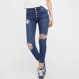 Free People Button Fly Torn Ripped Skinny Raw Edge Jeans